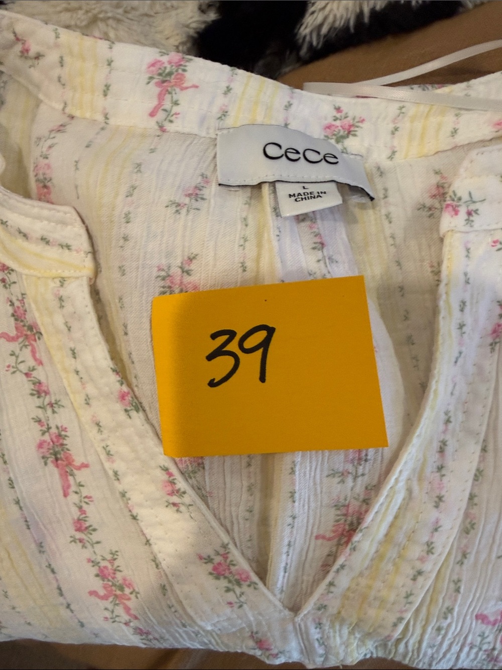 CeCe Cream Floral Stripe Puff-Sleeve Blouse - Picture 5 of 5
